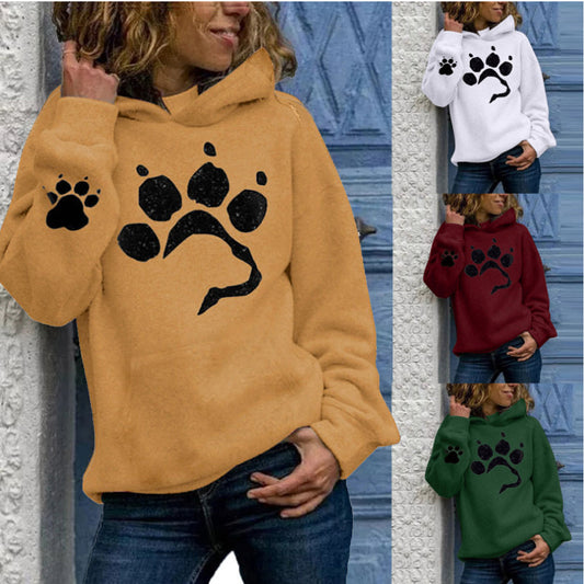 Women's Dog Paw Printing Long Sleeve Hoodie Animals Sweatshirt Hooded Pullover Tops Blouse Cute for Teen Girls