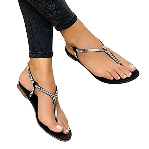 Sytaun Women Flat Sandal, Women's Sandal, Flip Flops Sandals Rhinestone Toe Separator Women Strappy Flat Anti Skid Sandals for Beach