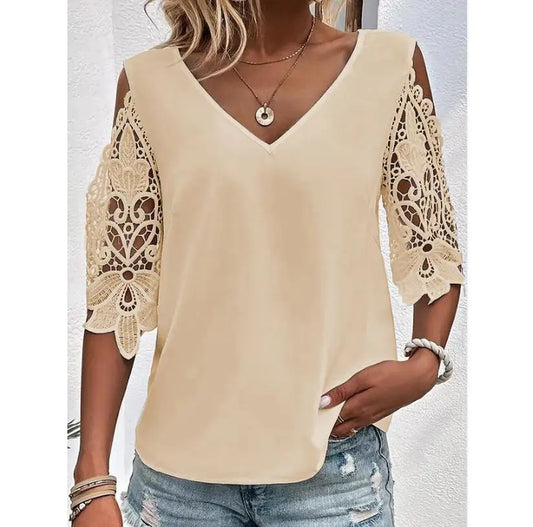 Casual sweet solid color V-neck lace five-part sleeve women's T-shirt.