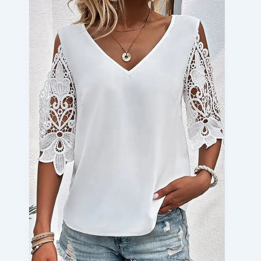 Casual sweet solid color V-neck lace five-part sleeve women's T-shirt.