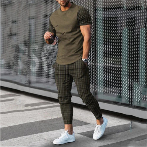 Summer Men's Casual Sports Suit 3D Printed Loose Short Sleeve Long Pants Two-piece Set