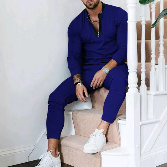 Long-sleeved trousers suit with Mosaic Stand collar and Half zipper for Leisure time