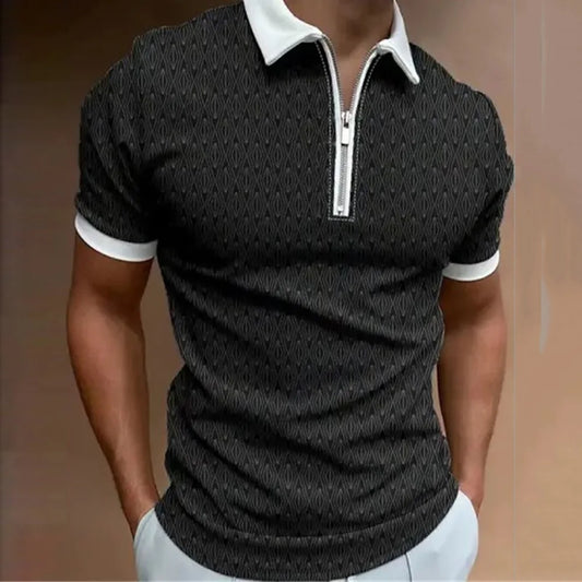 M.O.I Men's Lapel Zipper Graphic Print Casual Polo Shirt
