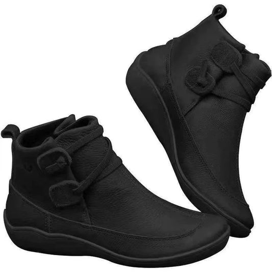 Femmes d'automne et de chaussures d'hiver Boots Flats à lacets Couleur solide Boots Pu Ankle Boots Vintage Coupé imperméables