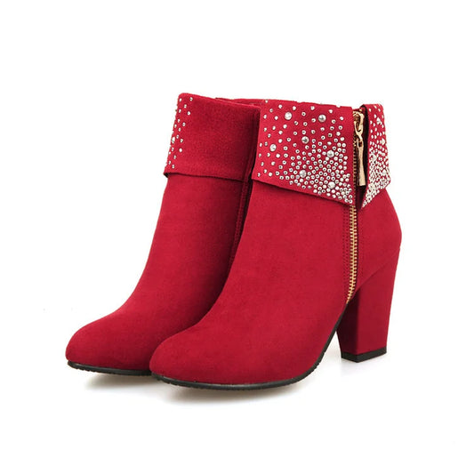 Stivali alla caviglia con tacco anime gyo per donne scarpe eleganti con tacchi pesanti di moda strass di strass con tacchi invernali