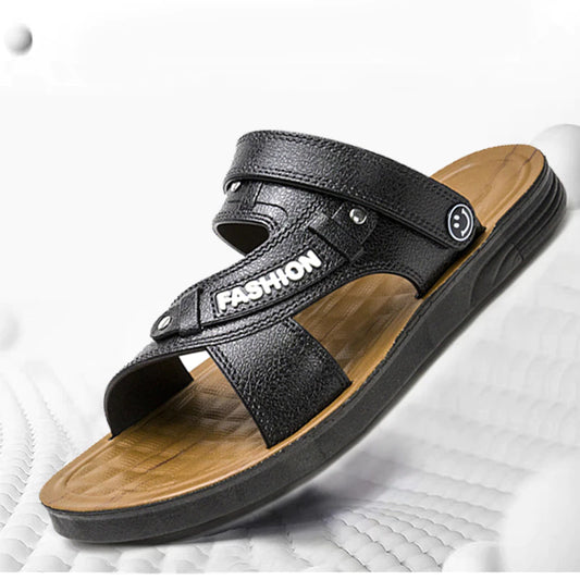 Sandales de plage en cuir masculin Sandales à bouts ouverts à double usage décontracté les pantoufles masculines