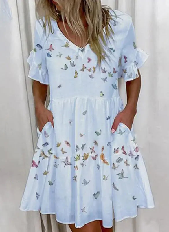Lässige Sommerkleid für Frauen, solide V-Ausschnitt Kurzarm Mini-Kleid fließende Rüste weiße A-Linie-Kleid mit Tasche