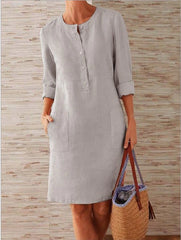 Akivide Women Cotton and Linen Shirt Dress Neck Maniche lunghe Maxi Abiti sciolti con due tasche arancione medio