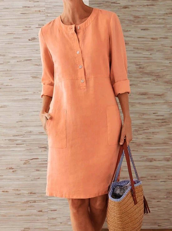 Akivide Women Cotton and Linen Shirt Dress Neck Maniche lunghe Maxi Abiti sciolti con due tasche arancione medio