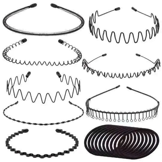 Black Hair Hoop Headband, Multi-style Wave Metal and Plastic Hairband, Unisex Flexible Headband Accessories for Women Men