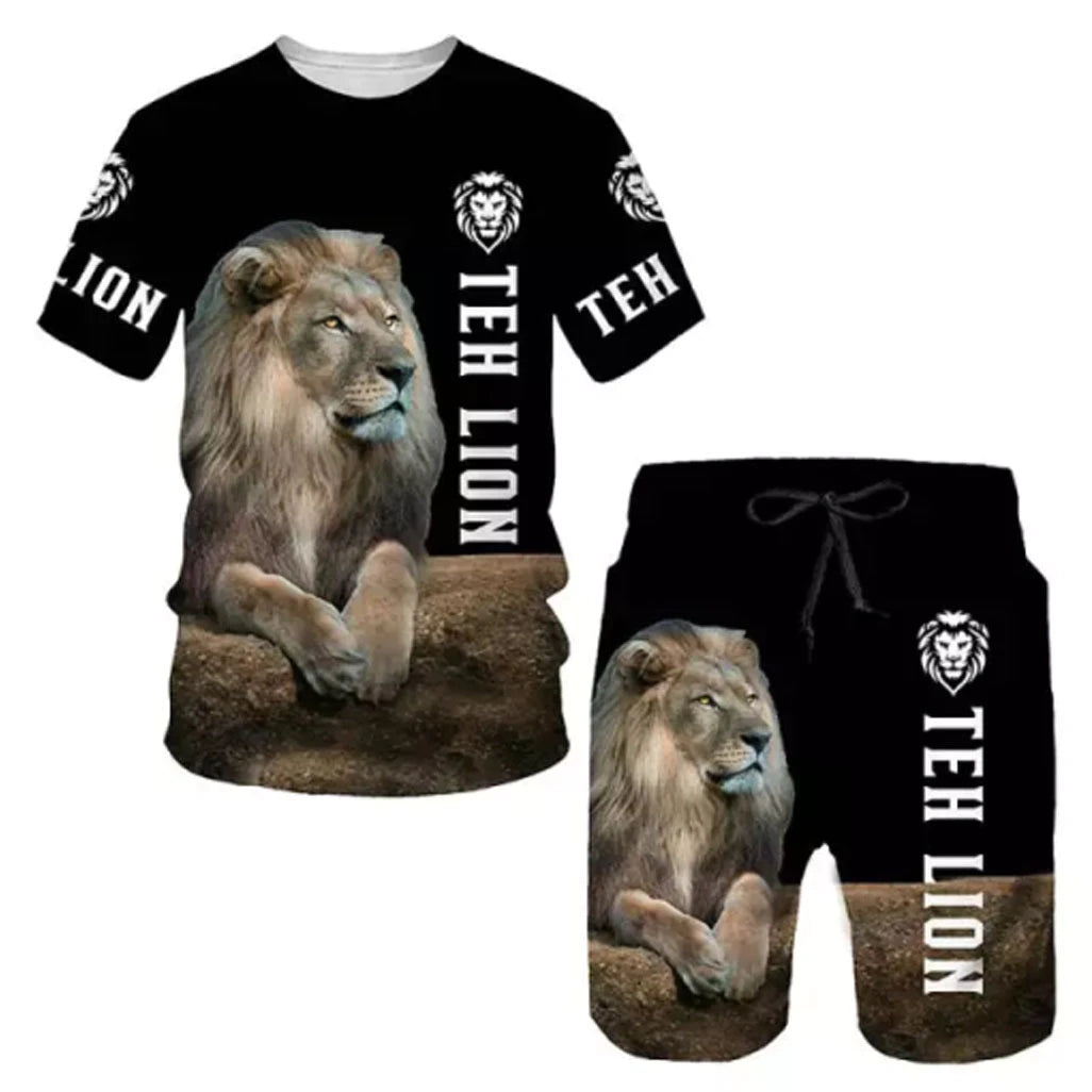 Sommer Lion Digital Print T-Shirt Set Casual Short Sleeve Shorts zweiteilig