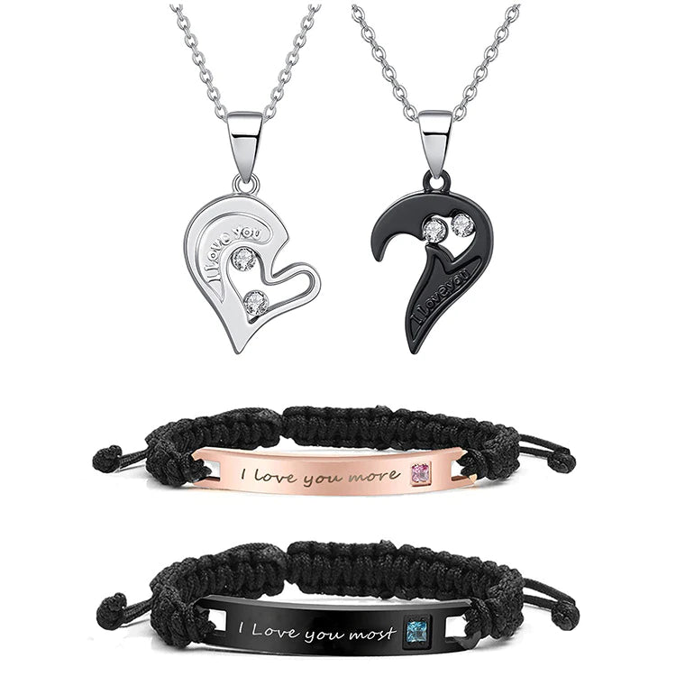 4 PCs Paar Halsketten Armbänder Set passende Herzketten für Freunden Freundin passende Paar Armbänder für ihn ihre Entfernungsbeziehung Halsketten für Paar Geschenke Valentinstag Geschenke