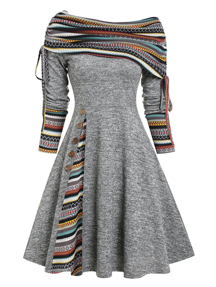 Long Sleeve Striped Flare Dress Foldover Off The Shoulder Knitted Dresses