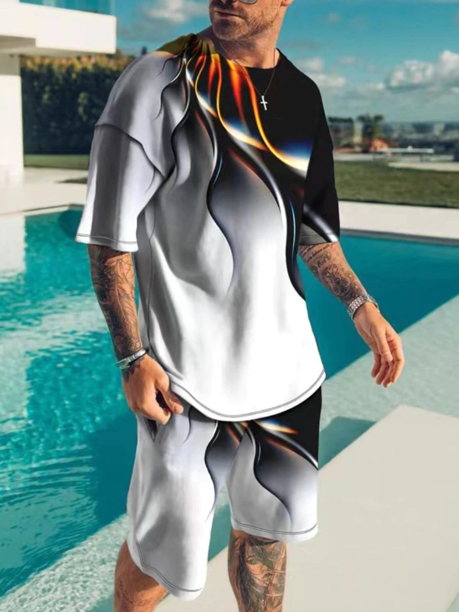 Animal Digital Print 3D Men's Casual Beach Shorts T-shirt Set