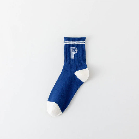 Marineblaue Socken Frauen mit mittlerer Röhren gestreiftes trendige Socken Brief lässige Baumwollsocken Männer und Frauen Paar Socken