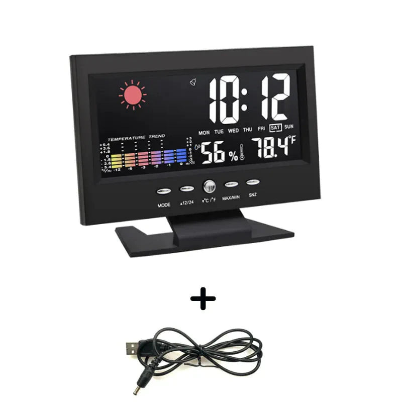 Wetterstation Wetteruhr Farbbildschirm zeigt Temperatur und Luftfeuchtigkeit zu Home Schall kontrollierter elektronischer Alarm C.