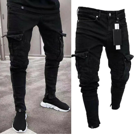 Biker masculino rasgados pantalones largos de mezclilla de jeans flacos pantalones destruidos de negros elásticos