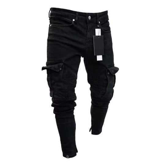 Męski motocyklista rozerwał długie dżinsowe spodnie chude dżinsy spodnie zniszczone elastyczne czarne spodnie