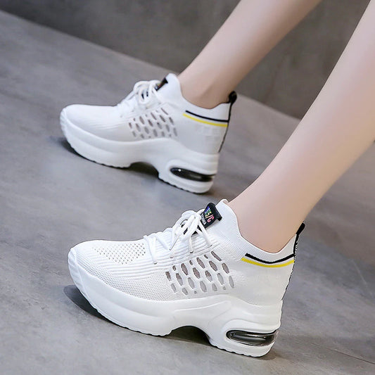 Net Hollow Thick-Soled Single Shoes Women's Flyknit Sports Shoes with Increased Height