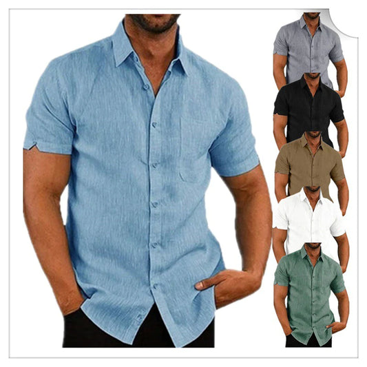 Men Summer Lapel Solid Color Short-Sleeved Button Shirt
