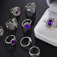 Tocona 9pcs/Set Rhinestone viola anelli di colore d'argento vintage per donne Fiori Geometria Anello di gioielli bohémien Wedding 8261