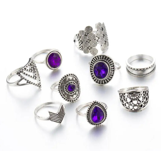 TOCONA 9PCS / SETS RUNESTON PURPLE RAGNE COULEUR SIRFAGE Vintage pour les femmes Fleurs Géométrie Bohemian Jewelry Ring Wedding 8261