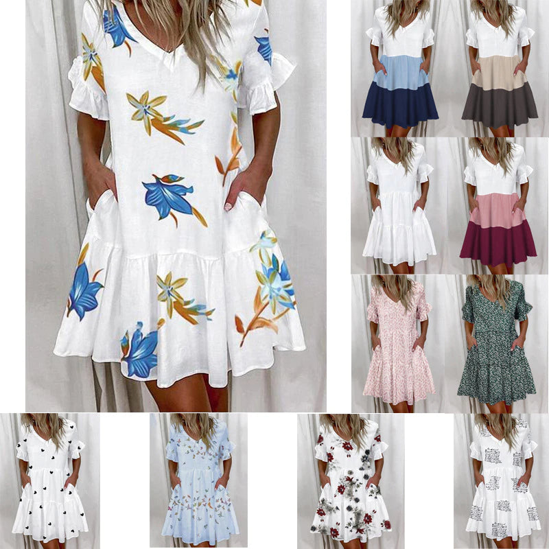 Lässige Sommerkleid für Frauen, solide V-Ausschnitt Kurzarm Mini-Kleid fließende Rüste weiße A-Linie-Kleid mit Tasche