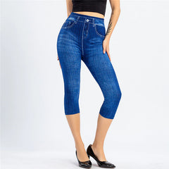 Summer Women Fashion High Waist Skinny Jeans Knee Length Denim Capri Pants High Waist Skinny Jeans Knee Length Denim Pants