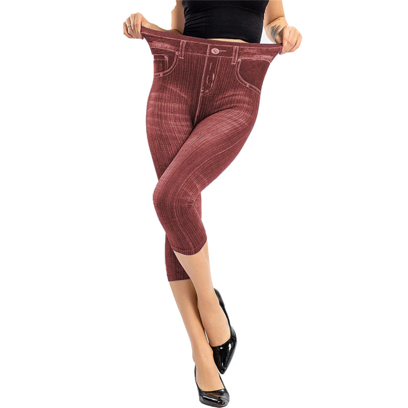 Summer Women Fashion High Waist Skinny Jeans Knee Length Denim Capri Pants High Waist Skinny Jeans Knee Length Denim Pants