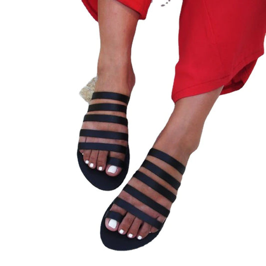 Sandali di punta aperta nera Donne svuotate a una tenda semplice comode pantofole da donna a basso tallone a basso contenuto di scarpe romano romano con fondo romano 46