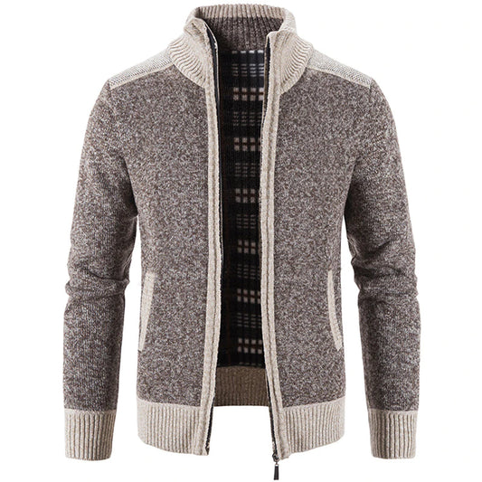 Men's Color Block Sweater Patchwork Plus Velvet Zipper Cardigan