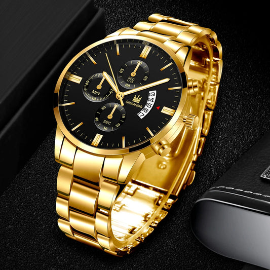 Männer Luxusgeschäft Uhren Edelstahlband Analog Quarz Armbanduhr männliche Mann Date Uhr