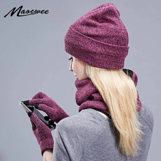 Abito caldo invernale Cappello a tre pezzi, sciarpa, guanti touch screen