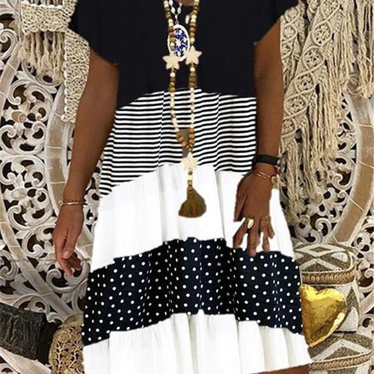 Frauen im Sommer kurzärmelig mit V-Ausschnitt Kleid mit Nähten gestreiftem Tupfen Dot Druck lässig locker Kleid Retro-Farbfarbanpassung ethnischer Stil Langer Rock ohne Accessoires Black-1 s