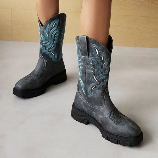 Botas de vaquero para hombres botas de trabajo vintage tacón de bloque grueso botas occidentales bordadas impermeables tirón tradicional de cuero de cuero country bota