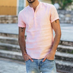 Camisa de lino de algodón de algodón para hombres Camisas de verano de manga corta para hombres - Ping
