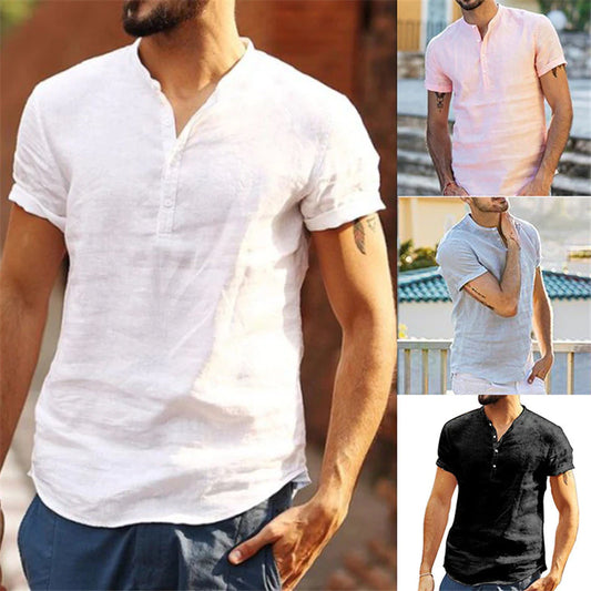 Chemise en lin en coton décontracté pour hommes chemises boutonnières à manches courtes à manches courtes pour hommes - ping