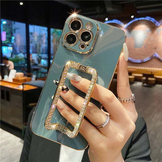 Corea 3D Crystal Square Soporter Case de teléfono de recubrimiento dorado para iPhone 14 12 Pro Max Mini 11 13 Pro X XS XR 6 S 7 8 más SE Cubierta