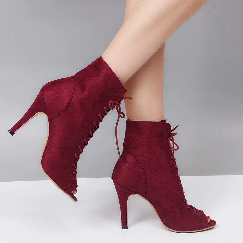 Women's New Spring Fashion Red Open Toe High Heel Summer Roman Style Ankle Boots Lace-Up Suede Rubber Matte Casual Large Size 43