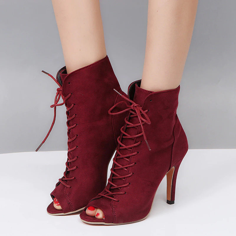 Women's New Spring Fashion Red Open Toe High Heel Summer Roman Style Ankle Boots Lace-Up Suede Rubber Matte Casual Large Size 43