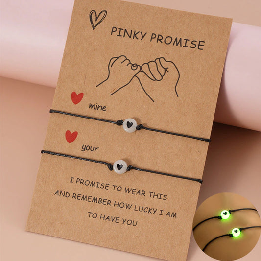2PCS / Set couple Bracelet Matching Pinky Promise Bracelets Friend Luminous Heart Bead Corde réglable Corde Saint-Valentin Cadeau