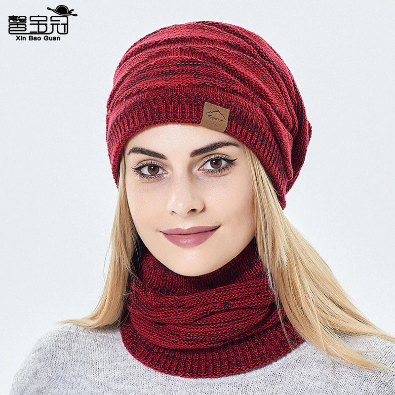 Winter Beanie Hats Scarf Set Women Warm Knitted Hat Skull Cap Neck Warmer Thicken Lined Lady Winter Hat Mask Scarf for Women