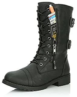 DailyShoes Femenino Bootie High Lace Up Military Combat Mid Mid Torn Credit Knife Money Billet Boots de bolsillo
