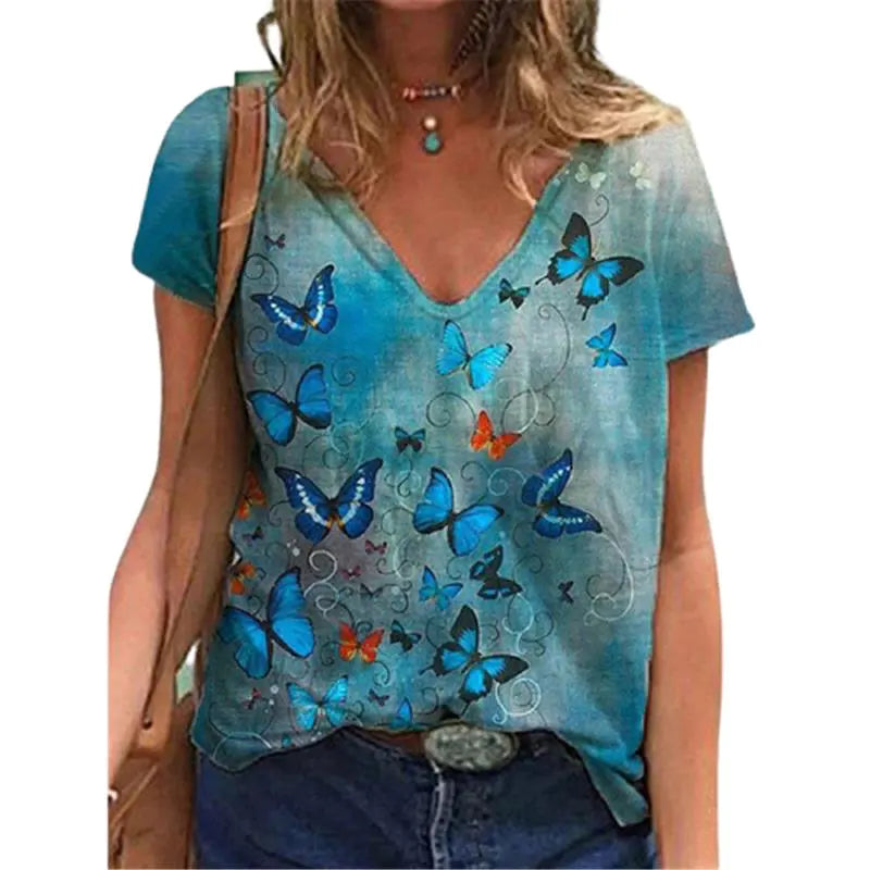 New Fashion Ladies Cartoons Butterfly Print T Shirt Short Sleeve V-Neck Women Tops Casual Summer Pullovers Loose Shirts Femme