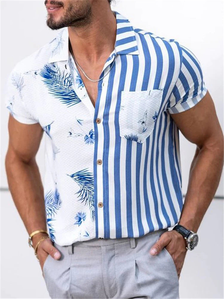 Frühlings -Männer Blumenhemd lässig Striped Print Shirts Streetwear Herren Kleidung Strickjacke Tasche Langarm Hemd Hemd