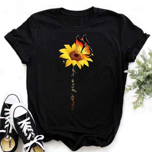 Maycaur Neue Sonnenblume mit Libellen-Frauen T-Shirt Harajuku Kurzarm schwarze T-Shirts Cartoon lässig Frau Tops T-Shirts Kleidung