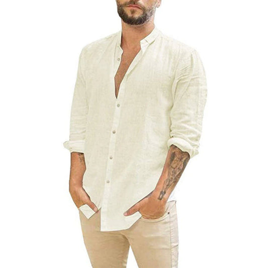 Men's Long-Sleeved Shirts Summer Solid Color Stand-Up Collar Casual