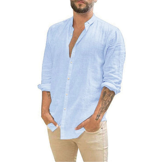 Men's Long-Sleeved Shirts Summer Solid Color Stand-Up Collar Casual