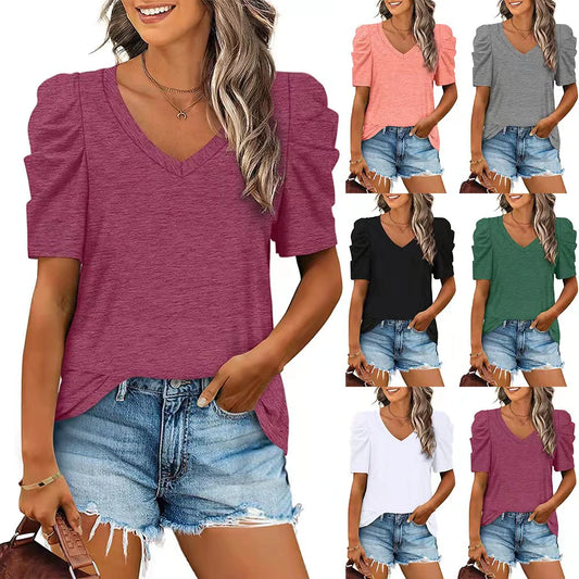 Alaroo Womens Summer Tops v Hals T -Shirts Casual Puff Kurzarmhemden gebogener Saum