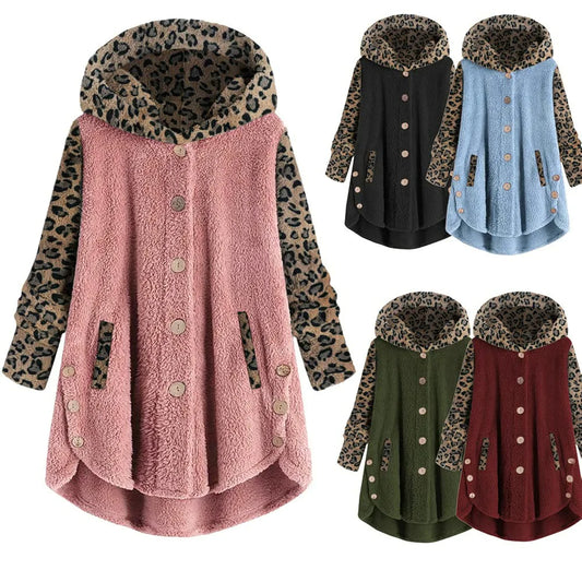 Cross- Autumn e inverno pulsanti in inverno manica lunga cucitura leopardo cappotto con cappuccio da donna